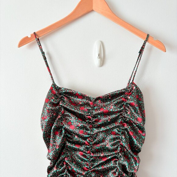 Urban Outfitters Iris Satin Ruched Mini Dress Black Red Rose Floral Size Medium - Picture 3 of 6